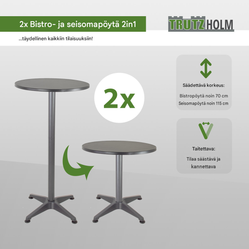 TRUTZHOLM 2-in-1-bistro- ja seisomapöytä 2 kpl, alumiini, 70/115 cm, Ø 60 cm, antrasiitti