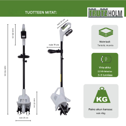 TRUTZHOLM akkukäyttöinen puutarhajyrsin 20 V, 19 cm, 24 terää, akku ja laturi