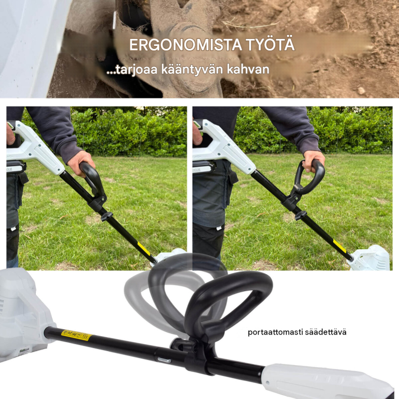 TRUTZHOLM akkukäyttöinen puutarhajyrsin 20 V, 19 cm, 24 terää, akku ja laturi
