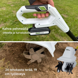 TRUTZHOLM akkukäyttöinen puutarhajyrsin 20 V, 19 cm, 24 terää, akku ja laturi