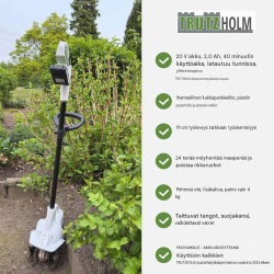 TRUTZHOLM akkukäyttöinen puutarhajyrsin 20 V, 19 cm, 24 terää, akku ja laturi