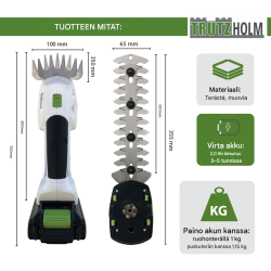 TRUTZHOLM akkurikkuri 20 V, 100 mm ruohoterä ja 200 mm pensasterä, akku ja laturi