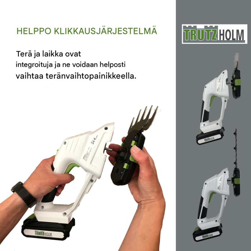 TRUTZHOLM akkurikkuri 20 V, 100 mm ruohoterä ja 200 mm pensasterä, akku ja laturi