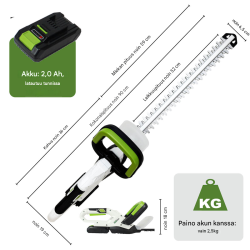 Akku-pensasleikkuri 20 V, 2 x 2,0 Ah, 520 mm, 65 mm, pikalaturi