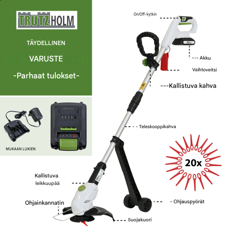 TRUTZHOLM akkuruohotrimmeri 20 V 2,0 Ah, 26 cm, 20 nylonvaraterää