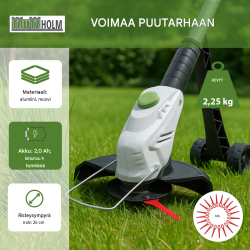 TRUTZHOLM akkuruohotrimmeri 20 V, 2 akkua, 26 cm, 60 nylon-terää
