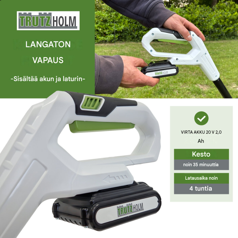 TRUTZHOLM akkuruohotrimmeri 20 V, 2 akkua, 26 cm, 60 nylon-terää