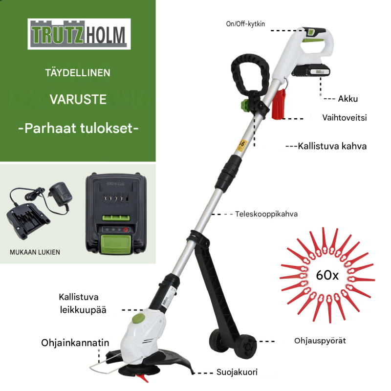 TRUTZHOLM akkuruohotrimmeri 20 V, 2 akkua, 26 cm, 60 nylon-terää