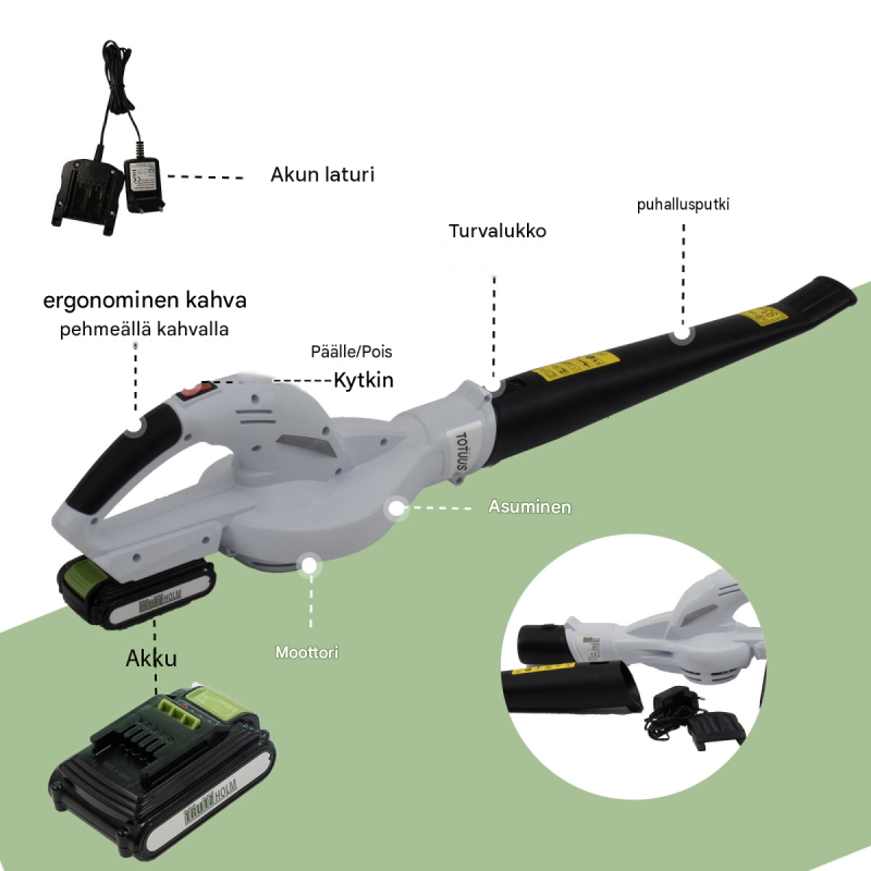 Akkulehtipuhallin 20 V, 2000 mAh, 1,4 kg, 90 cm, 49 cm:n puhallusputki, laturi