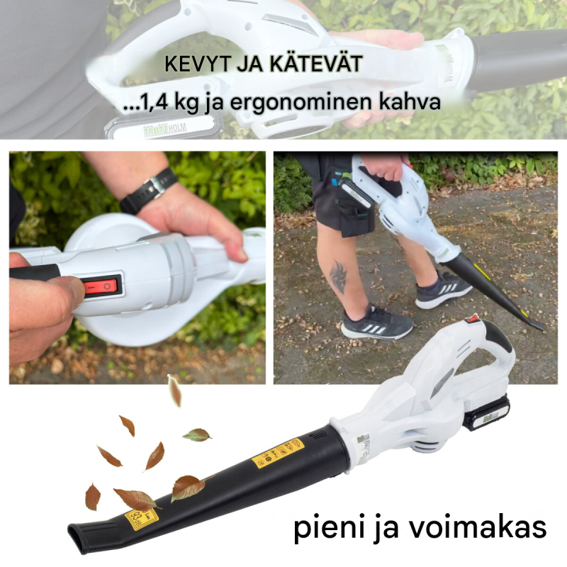 Akkulehtipuhallin 20 V, 2000 mAh, 1,4 kg, 90 cm, 49 cm:n puhallusputki, laturi