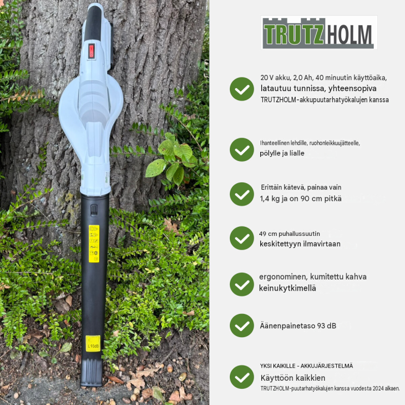 Akkulehtipuhallin 20 V, 2000 mAh, 1,4 kg, 90 cm, 49 cm:n puhallusputki, laturi