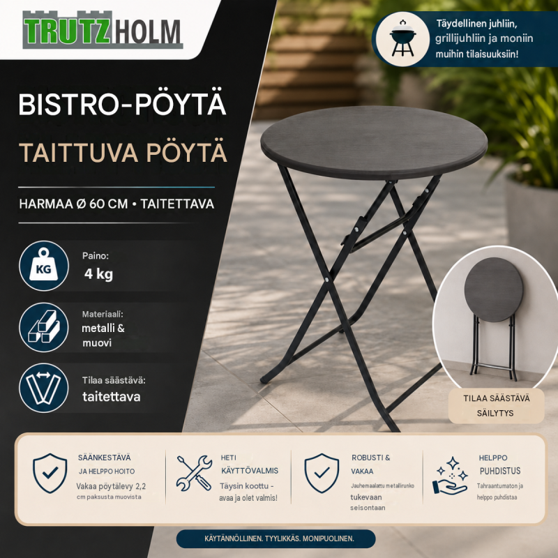 Taitettava bistropöytä TrutzHolm 60 cm, harmaa puukuosi, muovilevy, 72,5 cm