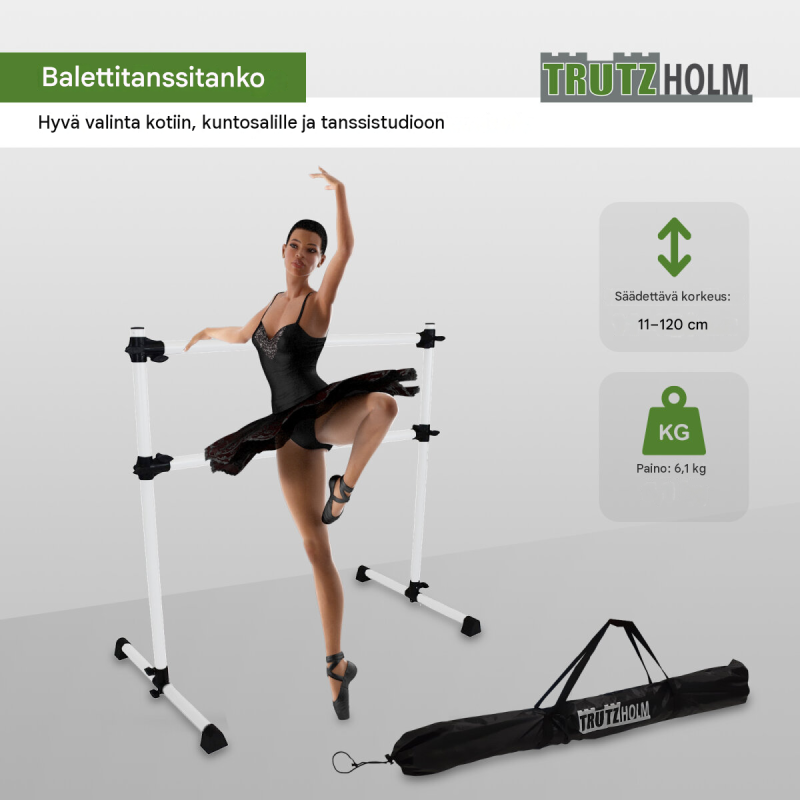 TrutzHolm® balettitanko, 2 tankoa, korkeussäädettävä 11–120 cm, teräs, 125 cm leveä