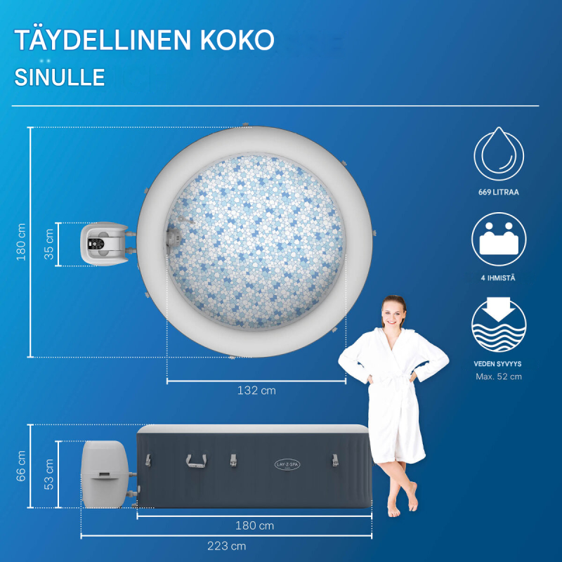 Bestway® LAY-Z-SPA® Miami AirJet™ -poreallas 4 henkilölle, Ø 180 x 66 cm, tummansininen