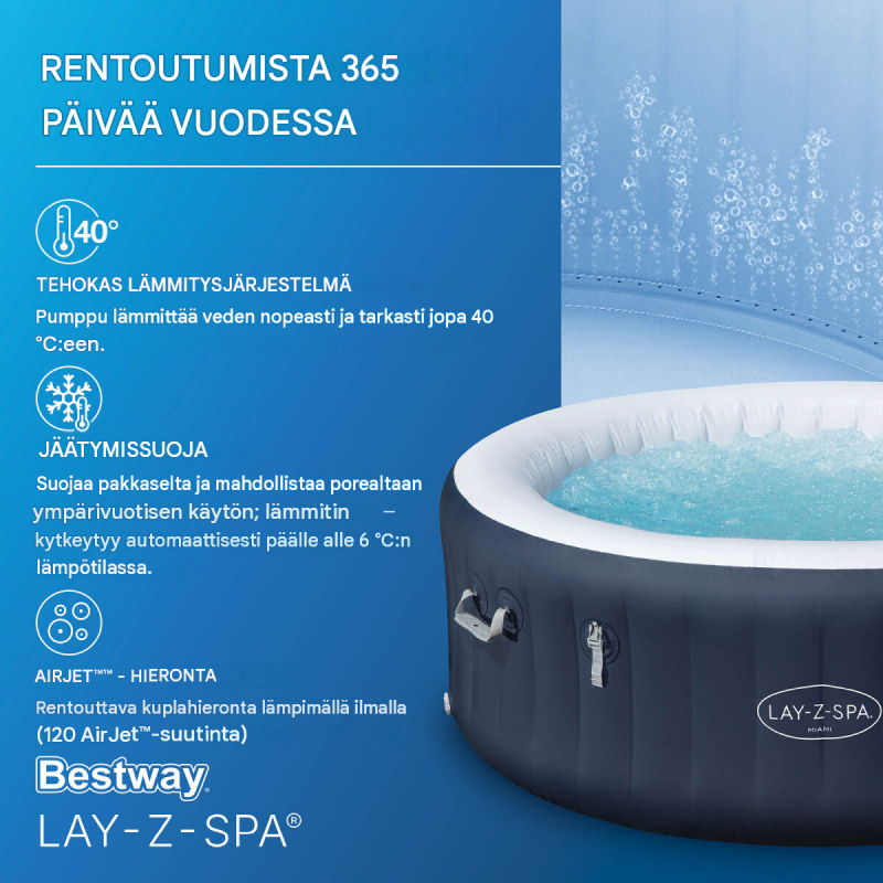 Bestway® LAY-Z-SPA® Miami AirJet™ -poreallas 4 henkilölle, Ø 180 x 66 cm, tummansininen