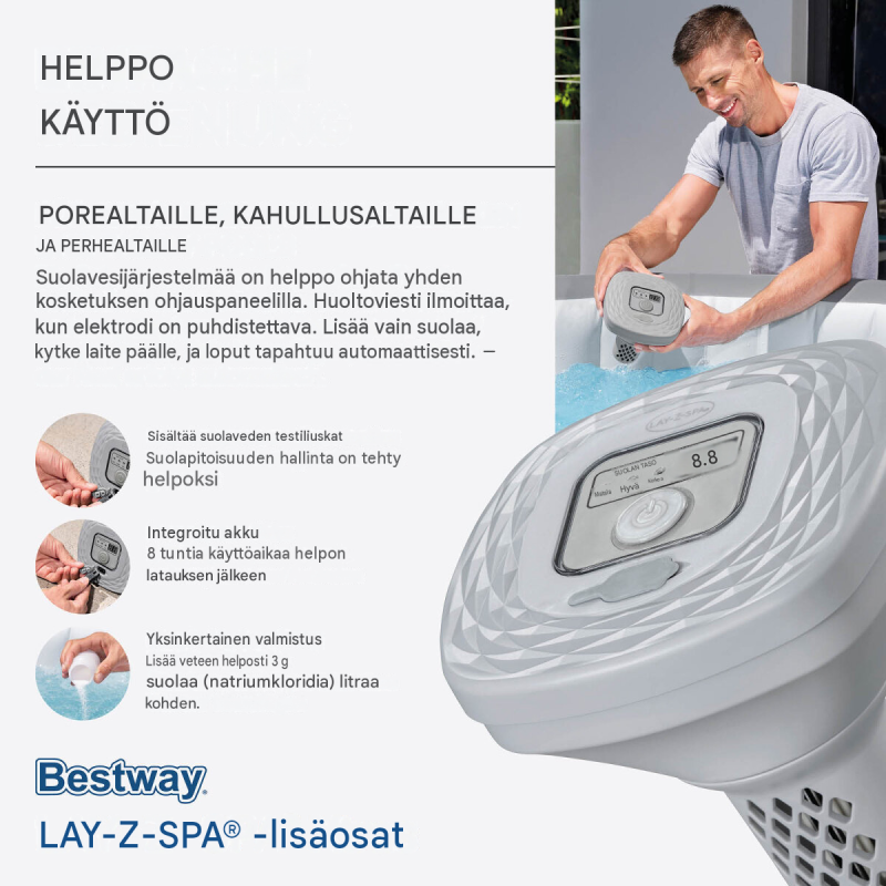 Bestway LAY-Z-SPA® Hydrogenic™ suolavesijärjestelmä, 0,5 g/h, enintään 1 400 l