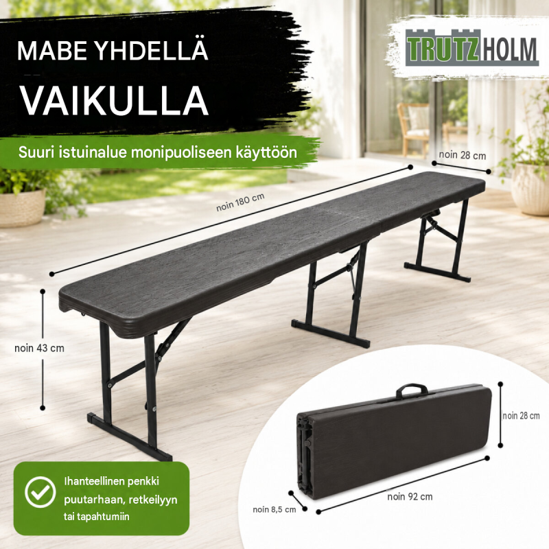 Kokoontaitettava juhlapenkki 180 cm, harmaa puukuvio, HDPE-muovi, kantokahva