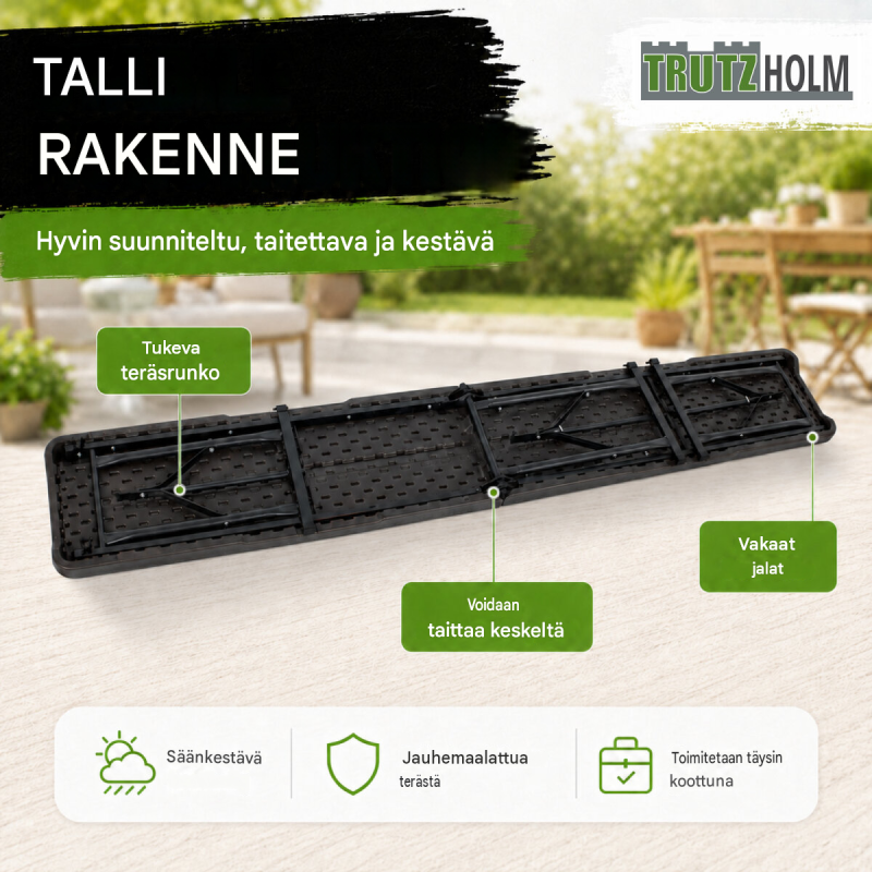 Kokoontaitettava juhlapenkki 180 cm, harmaa puukuvio, HDPE-muovi, kantokahva