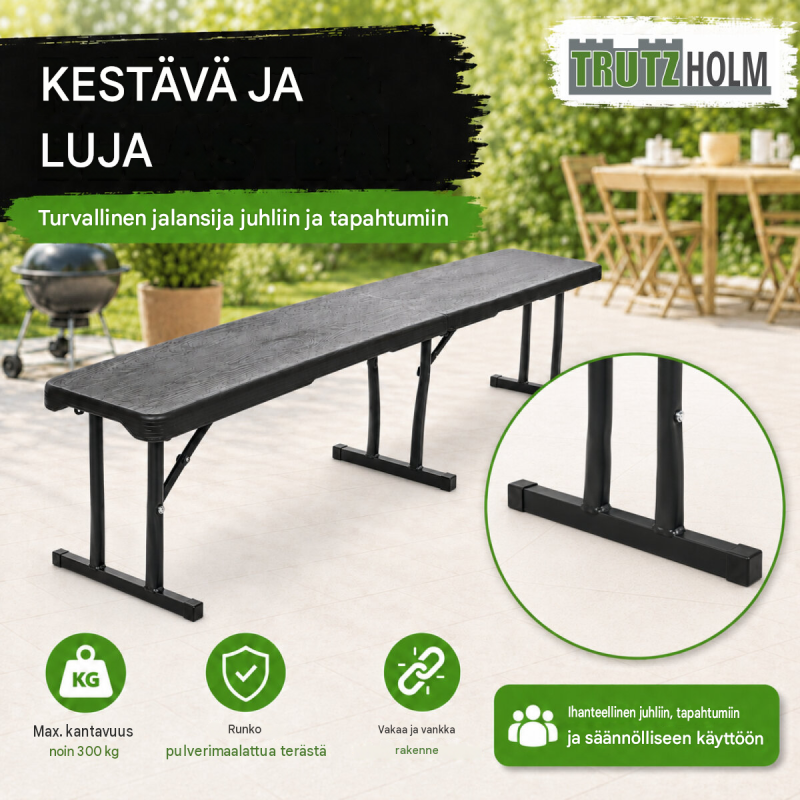 Kokoontaitettava juhlapenkki 180 cm, harmaa puukuvio, HDPE-muovi, kantokahva