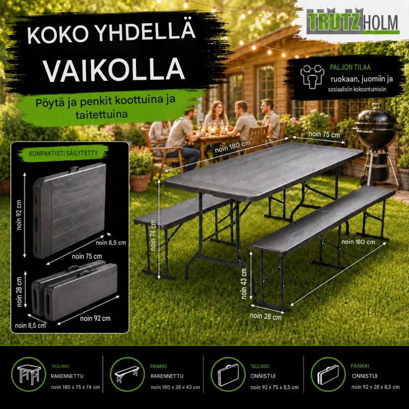 TRUTZHOLM olutjuhlakalusto 3 osaa, harmaa puukuosi, 180 x 75 cm, taittuva