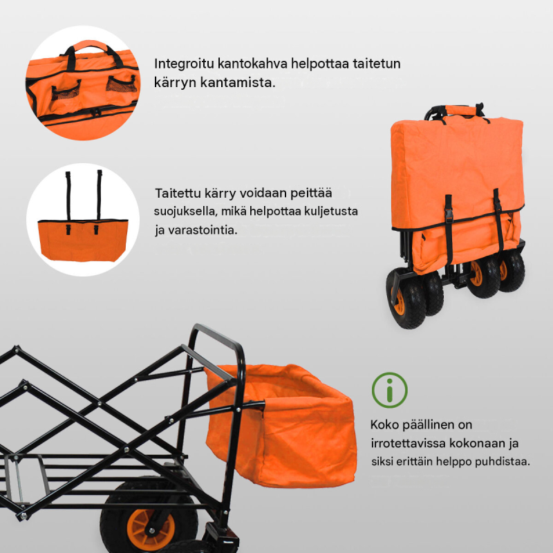 Kokoontaitettava vetokärry, oranssi, teleskooppikahva, 75 kg, 124 x 62 x 64 cm
