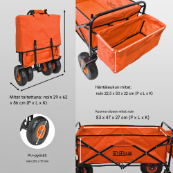 Kokoontaitettava vetokärry, oranssi, teleskooppikahva, 75 kg, 124 x 62 x 64 cm