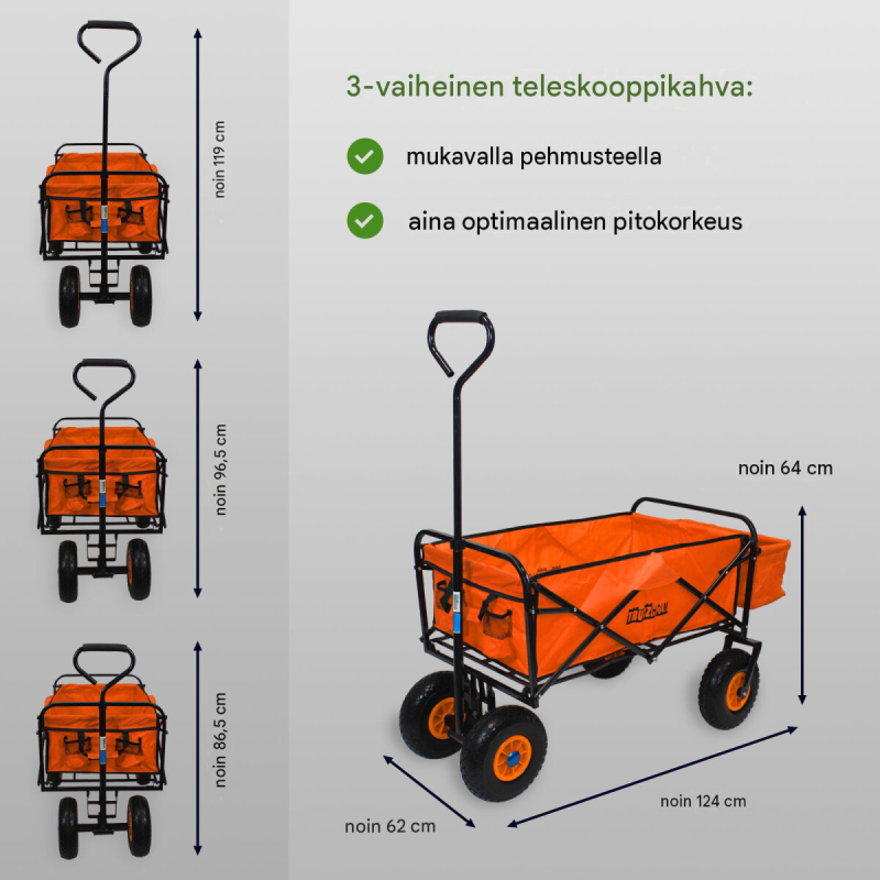 Kokoontaitettava vetokärry, oranssi, teleskooppikahva, 75 kg, 124 x 62 x 64 cm