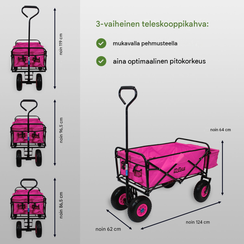 Taitettava käsikärry TRUTZHOLM, pinkki, teleskooppikahva, 4 pyörää, 75 kg, 124 x 62 x 64 cm