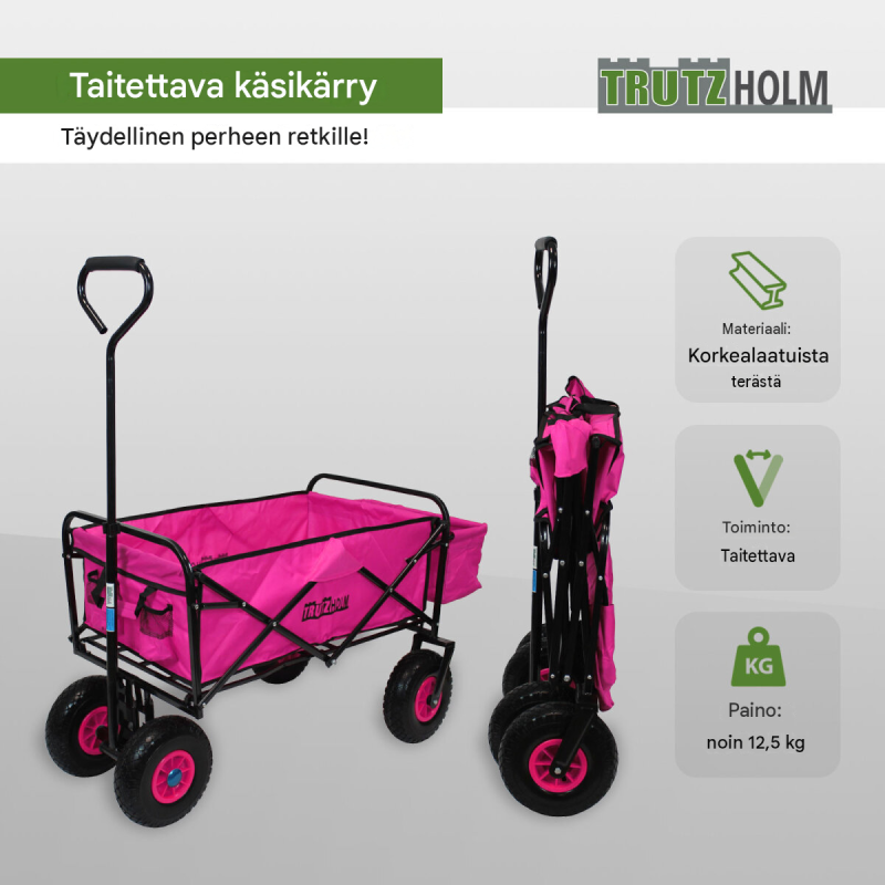 Taitettava käsikärry TRUTZHOLM, pinkki, teleskooppikahva, 4 pyörää, 75 kg, 124 x 62 x 64 cm