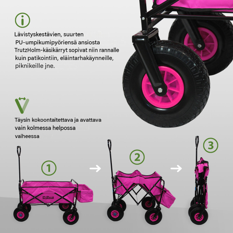 Taitettava käsikärry TRUTZHOLM, pinkki, teleskooppikahva, 4 pyörää, 75 kg, 124 x 62 x 64 cm