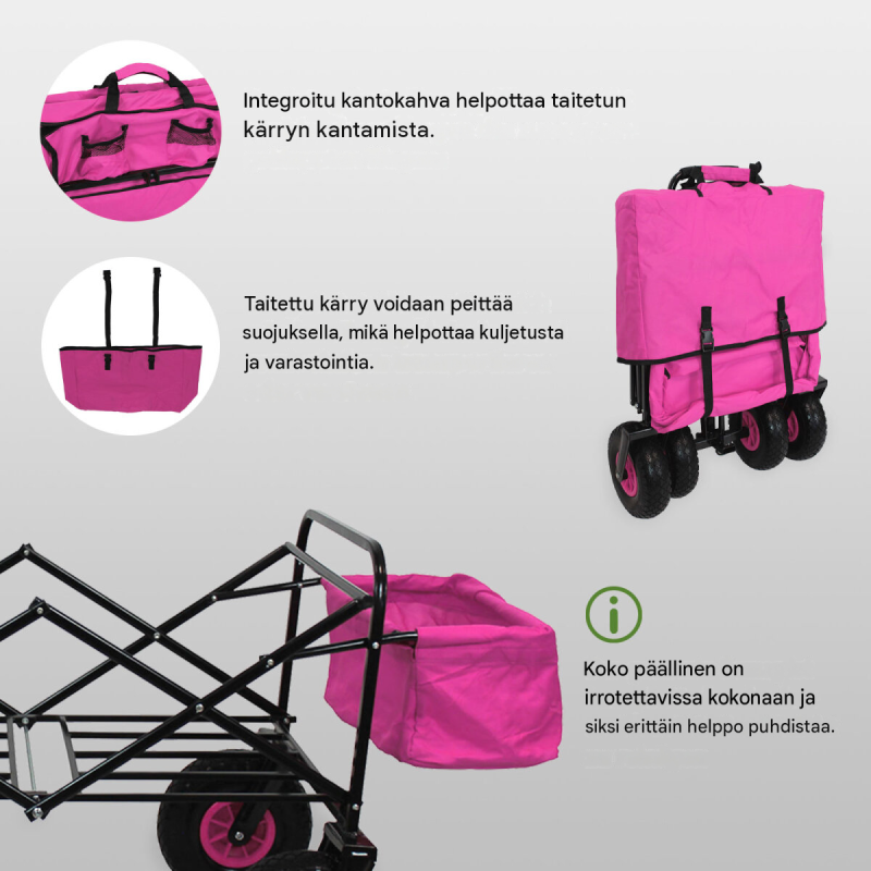 Taitettava käsikärry TRUTZHOLM, pinkki, teleskooppikahva, 4 pyörää, 75 kg, 124 x 62 x 64 cm