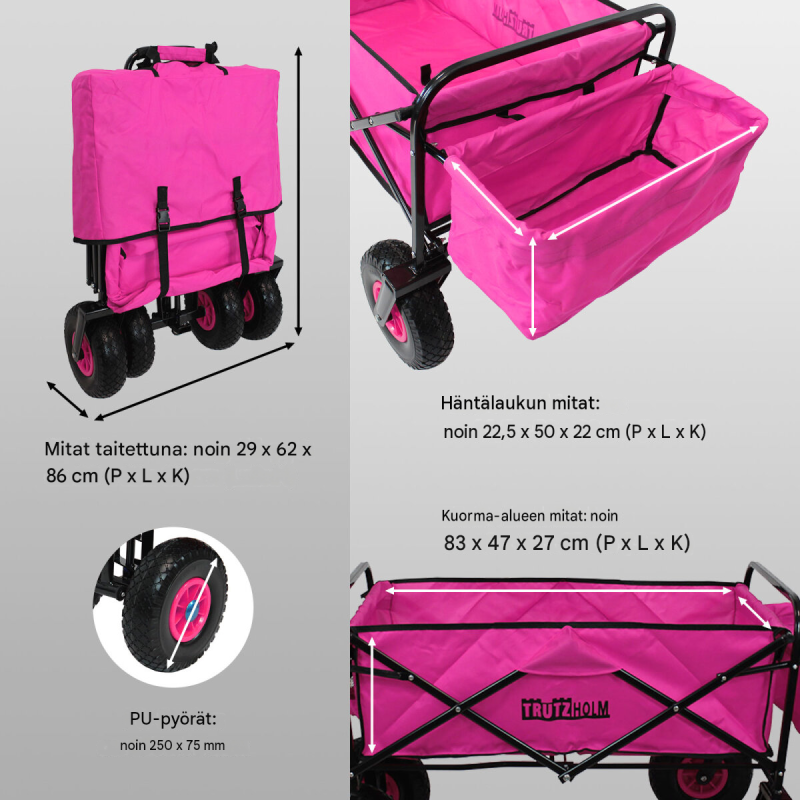 Taitettava käsikärry TRUTZHOLM, pinkki, teleskooppikahva, 4 pyörää, 75 kg, 124 x 62 x 64 cm