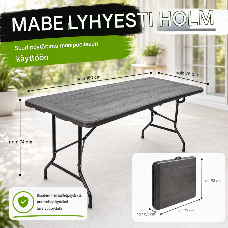 Kokoontaitettava pöytä 180 x 75 cm, harmaa puukuvio, HDPE-muovi, 150 kg