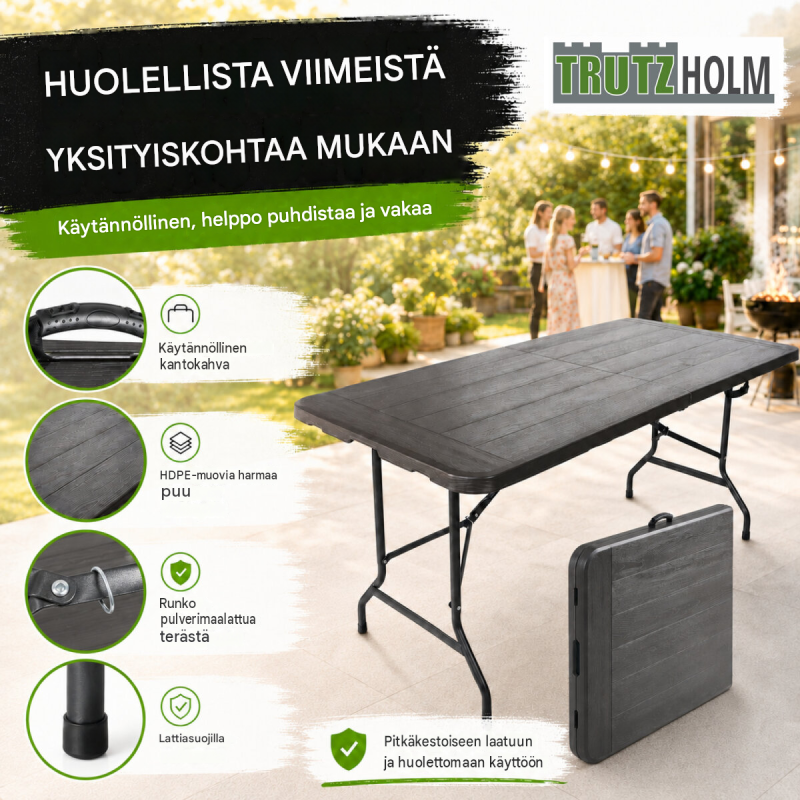 Kokoontaitettava pöytä 180 x 75 cm, harmaa puukuvio, HDPE-muovi, 150 kg