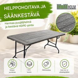 Kokoontaitettava pöytä 180 x 75 cm, harmaa puukuvio, HDPE-muovi, 150 kg