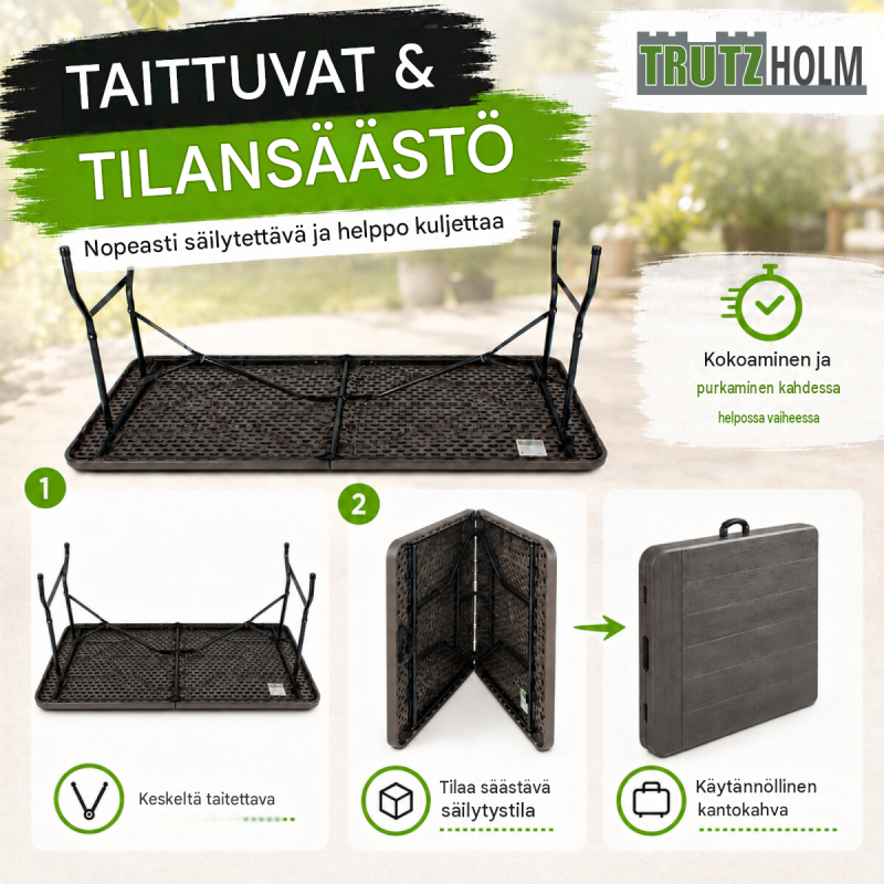 Kokoontaitettava pöytä 180 x 75 cm, harmaa puukuvio, HDPE-muovi, 150 kg