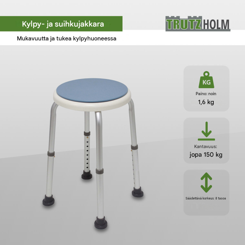 Kääntyvä suihkujakkara, 8-portainen korkeudensäätö, 360°, valkoinen, HDPE, 150 kg