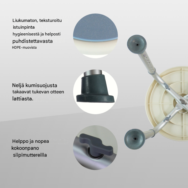 Kääntyvä suihkujakkara, 8-portainen korkeudensäätö, 360°, valkoinen, HDPE, 150 kg