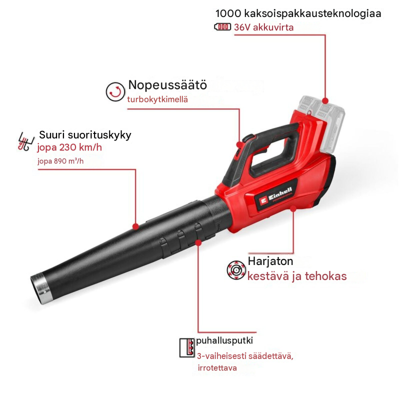 Einhell GP-LB 36/230 Li E BL-Solo akkulehtipuhallin, 36 V, 230 km/h, 890 m³/h