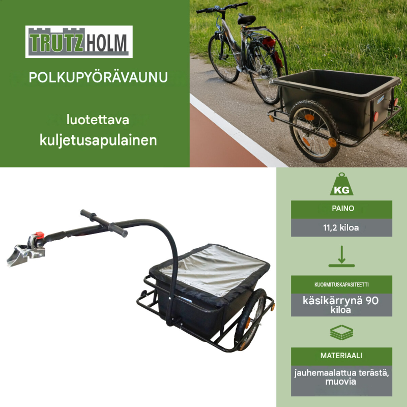 Polkupyörän perävaunu 90 l, irrotettava muovikaukalo, suojapeite, 26" ja 28" pyörät