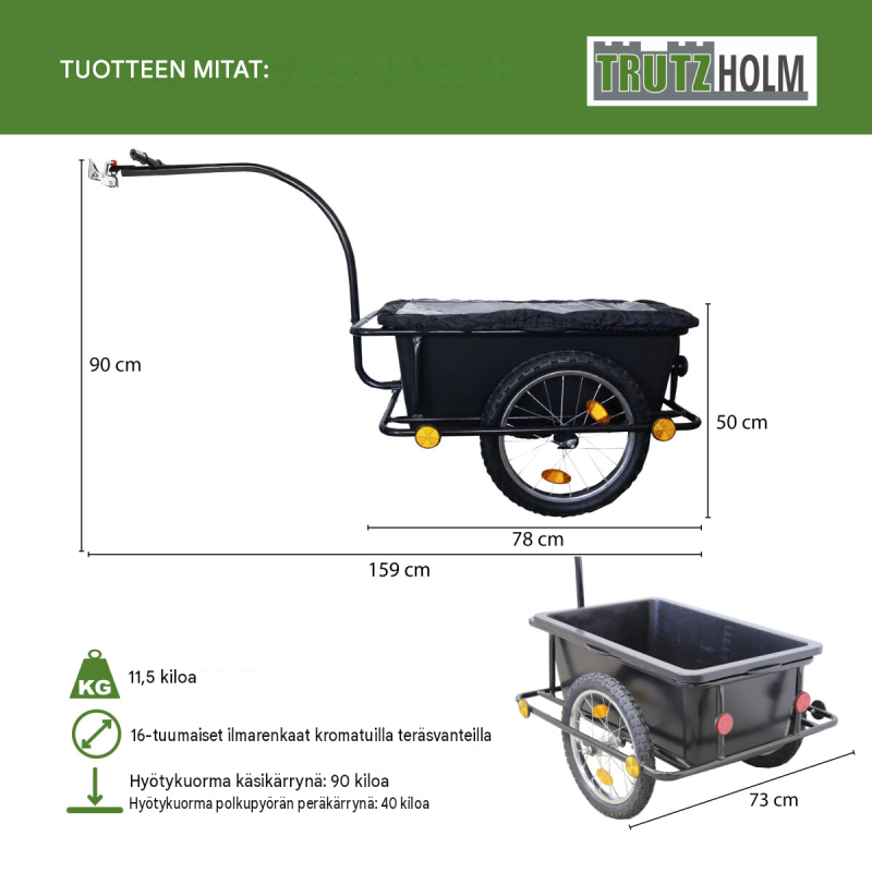Polkupyörän perävaunu 90 l, irrotettava muovikaukalo, suojapeite, 26" ja 28" pyörät