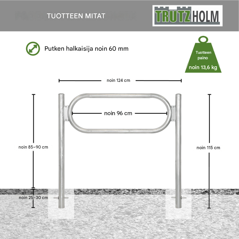 Polkupyöräteline 2 pyörälle, kuumasinkitty teräs, 1150 x 1240 mm, betonoitava