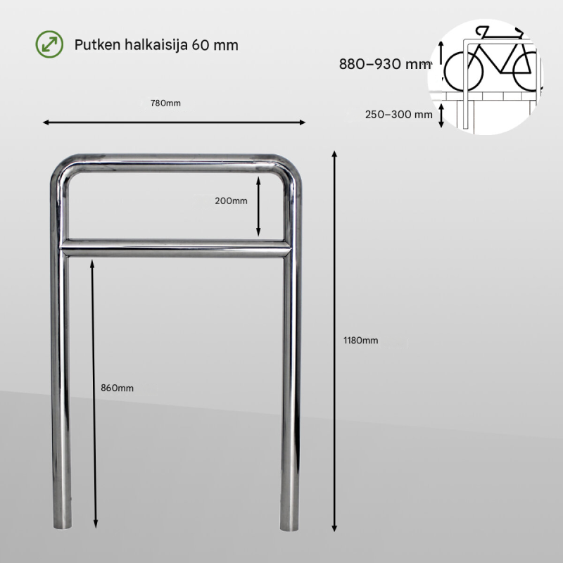 Polkupyöräteline 2 paikalle, ruostumaton teräs, 1180 x 780 mm, Ø 60 mm, betonoitava