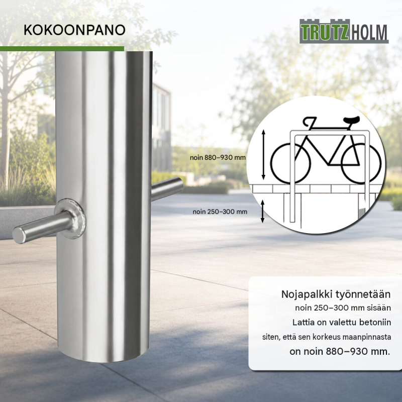 Polkupyöräteline 1180 x 780 x 60 mm, ruostumaton teräs, 2 pyörälle, betonoitava