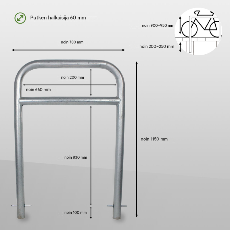 Pyöräteline 2 paikalle, teräs, Feuerverzinkt, 780 x 1150 mm, putki Ø 60 mm, betonoitava