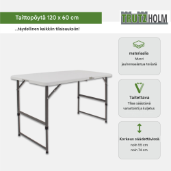 Taittopöytä 120 x 60 cm, valkoinen, korkeussäädettävä, 80 kg, retkeilyyn ja juhliin