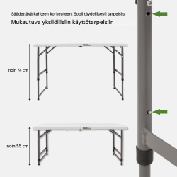 Taittopöytä 120 x 60 cm, valkoinen, korkeussäädettävä, 80 kg, retkeilyyn ja juhliin
