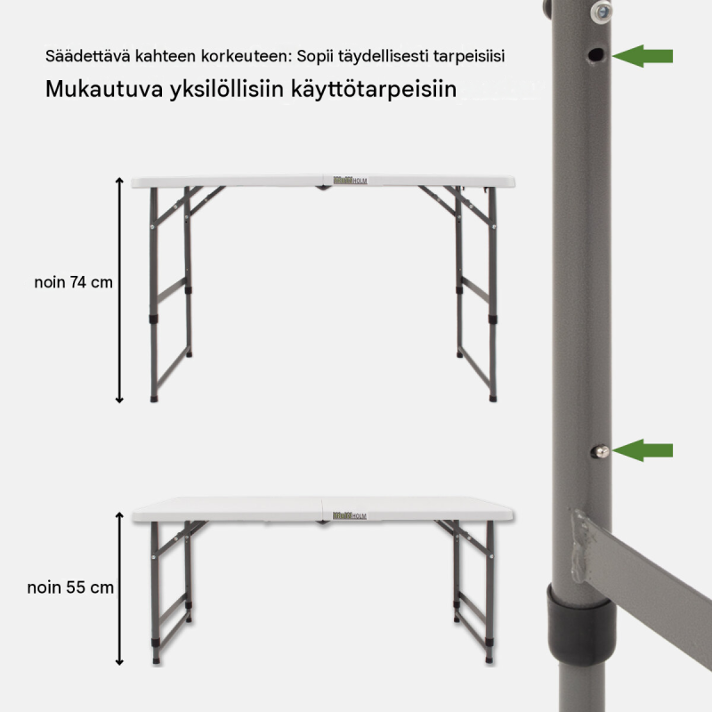 Taittopöytä 120 x 60 cm, valkoinen, korkeussäädettävä, 80 kg, retkeilyyn ja juhliin