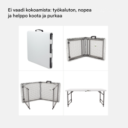 Taittopöytä 120 x 60 cm, valkoinen, korkeussäädettävä, 80 kg, retkeilyyn ja juhliin