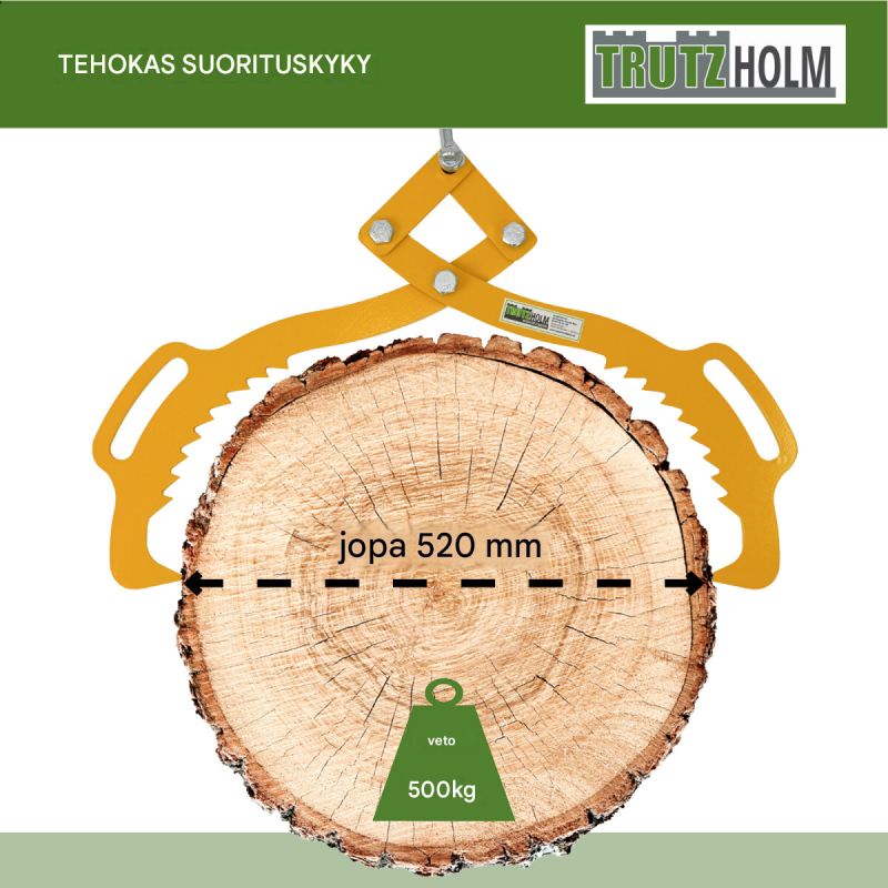 Metsätyökalu 500 kg, puunrungoille enintään 520 mm, 2 tartuntakärkeä, jauhemaalattu teräs, RAL 1003 keltainen